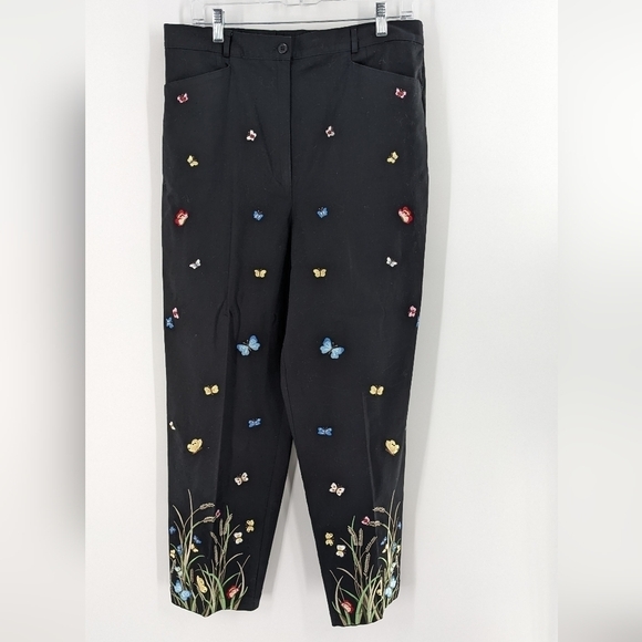 Talbots 16 Embroidered Floral Butterfly Tapered Relaxed Stretch Pants Black - Picture 1 of 3